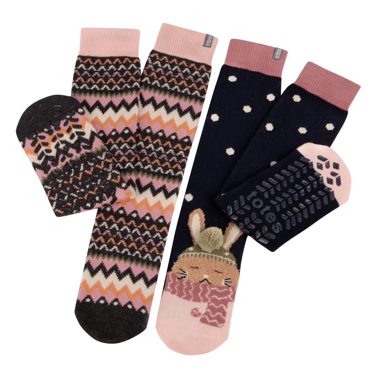 Totes Toasties ORIGINAL SLIPPER SOCKS (TWIN PACK) Womens Rabbit / Fairisle