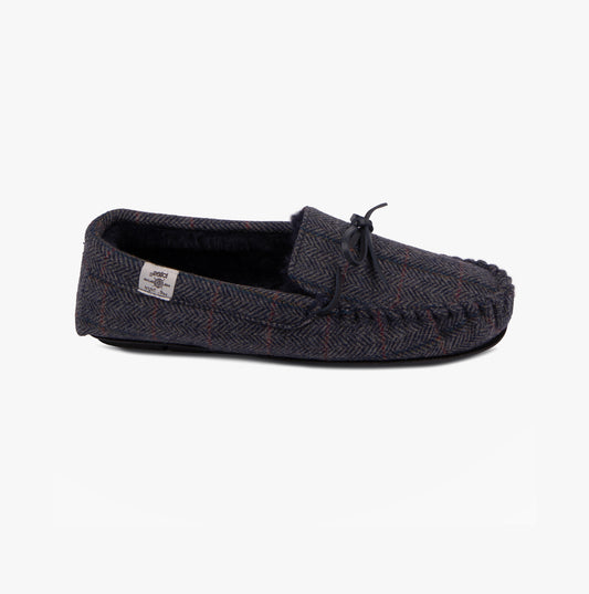 Totes Toasties WOOL BLEND HERRINGBONE Moccasin Slippers Mens Navy