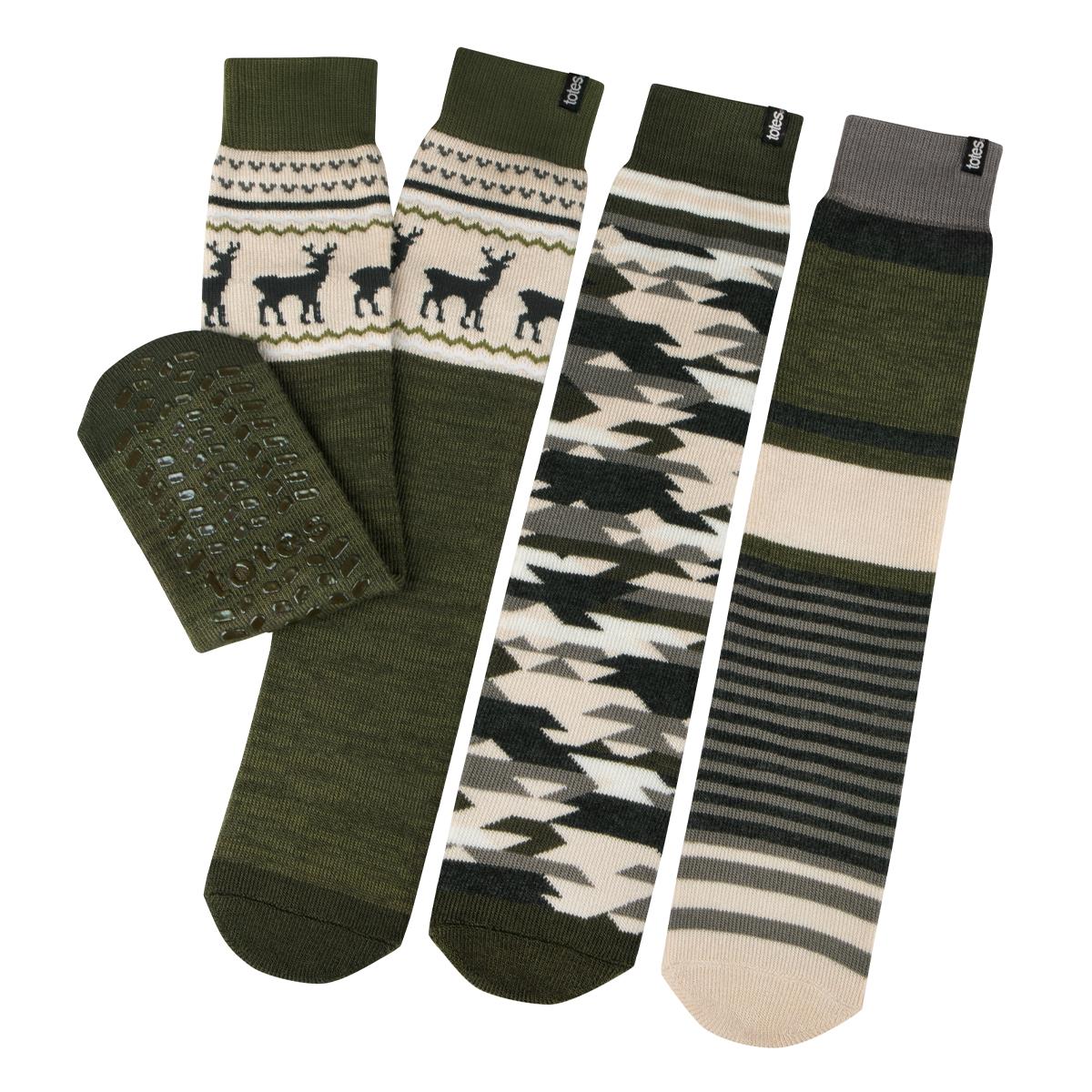 Totes Toasties ORIGINAL NOVELTY SLIPPER SOCKS (TRIPLE PACK) Mens Camo/ Stag / Stripe