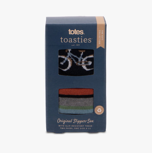Totes Toasties Original Slipper Socks  (Twin Pack) Mens Socks Bike / Stripe