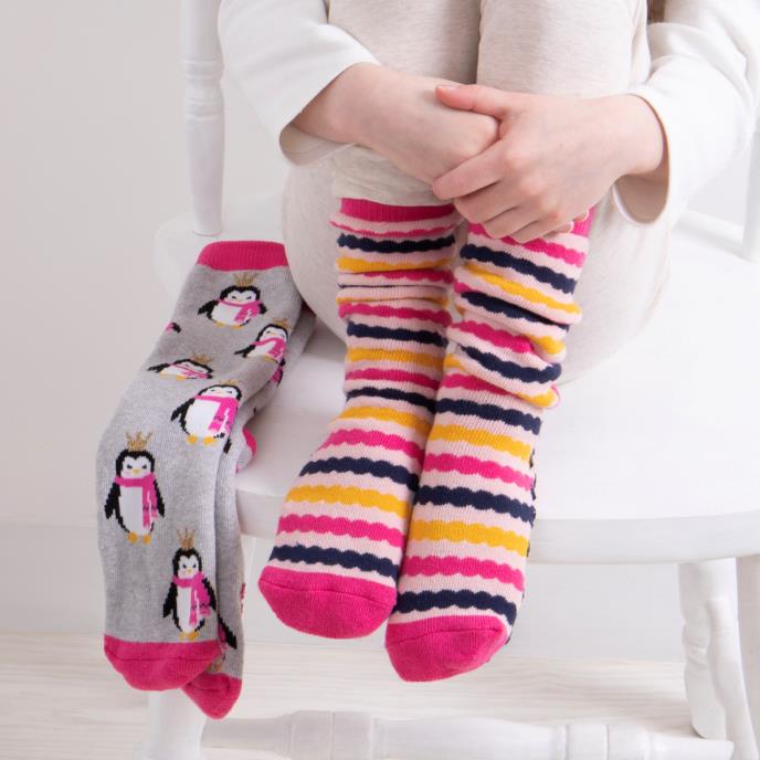 Totes Toasties ORIGINAL Slipper Socks  (Twin Pack) Unisex Kids Socks Penguin / Stripe
