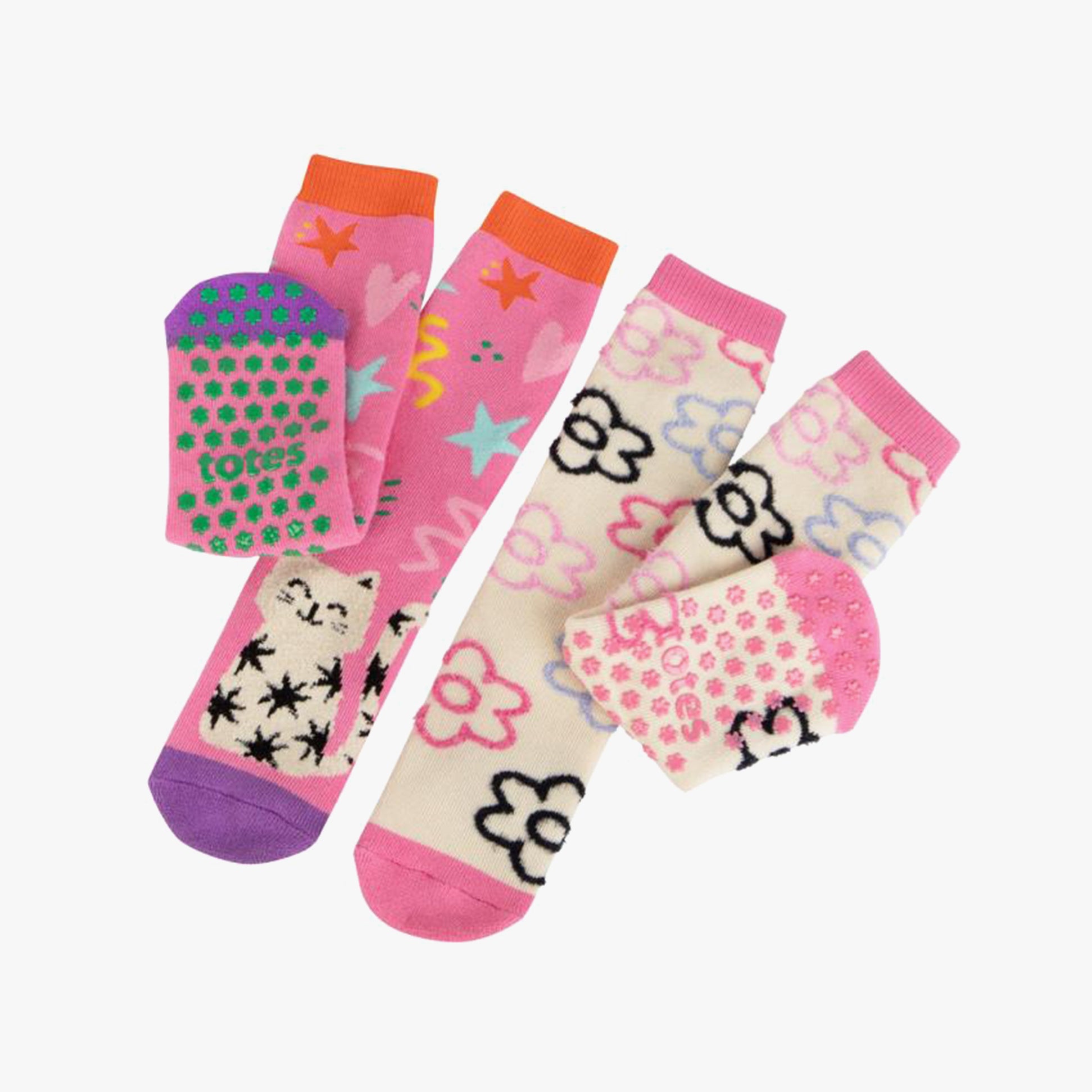 Totes Toasties ORIGINAL SLIPPER-SOX (TWIN PACK) Kids Cat With Flower