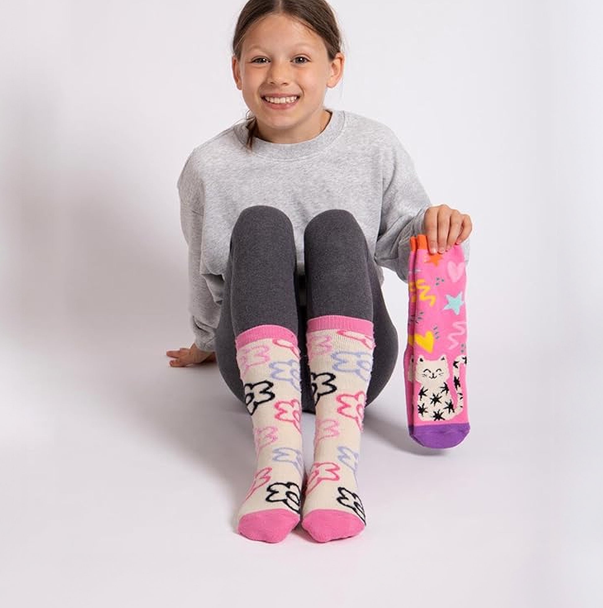 Totes Toasties ORIGINAL SLIPPER-SOX (TWIN PACK) Kids Cat With Flower