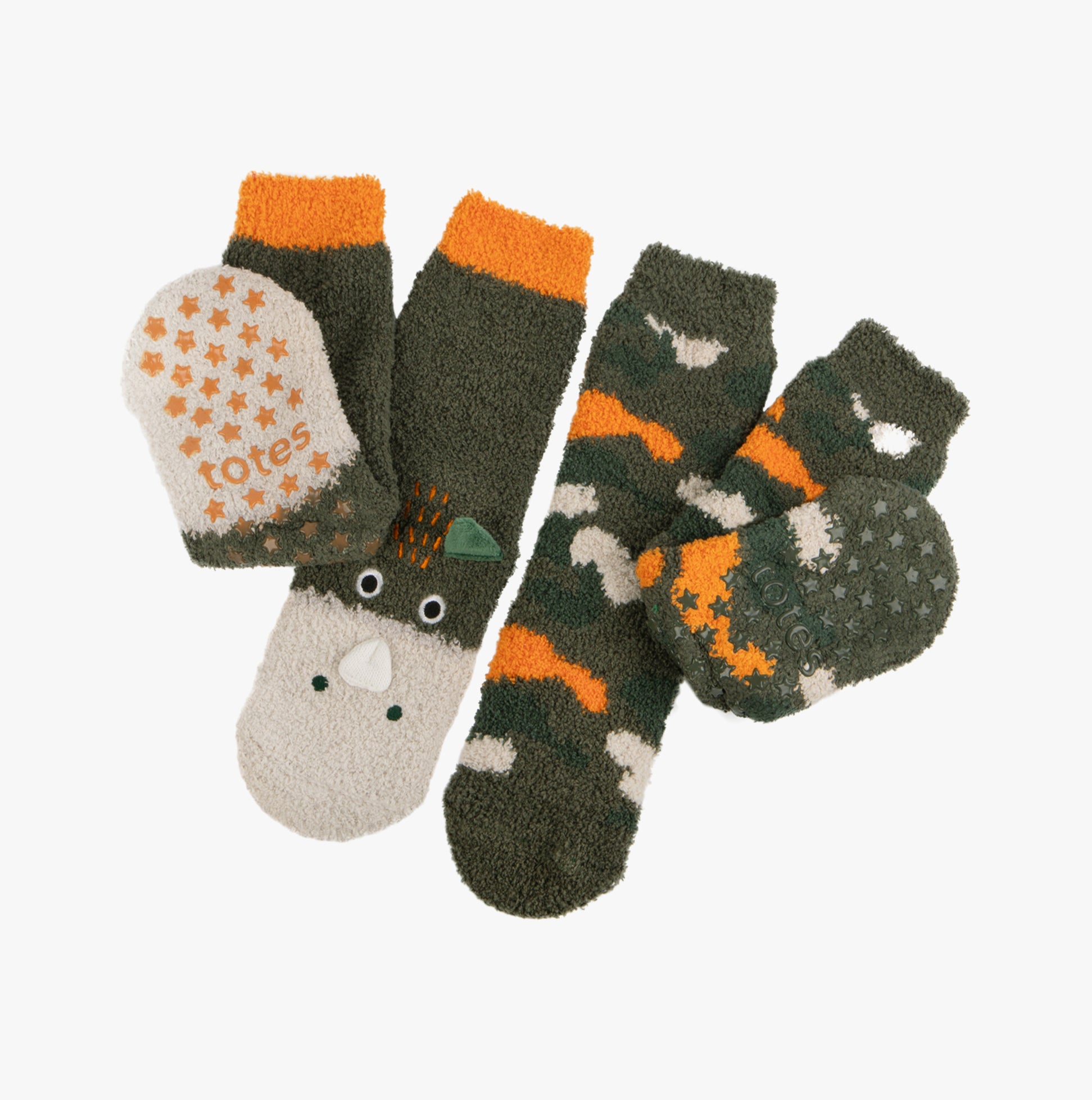 Totes Toasties SUPER SOFT SLIPPER SOCKS (Twin Pack) Unisex Kids Socks Dino/Camo