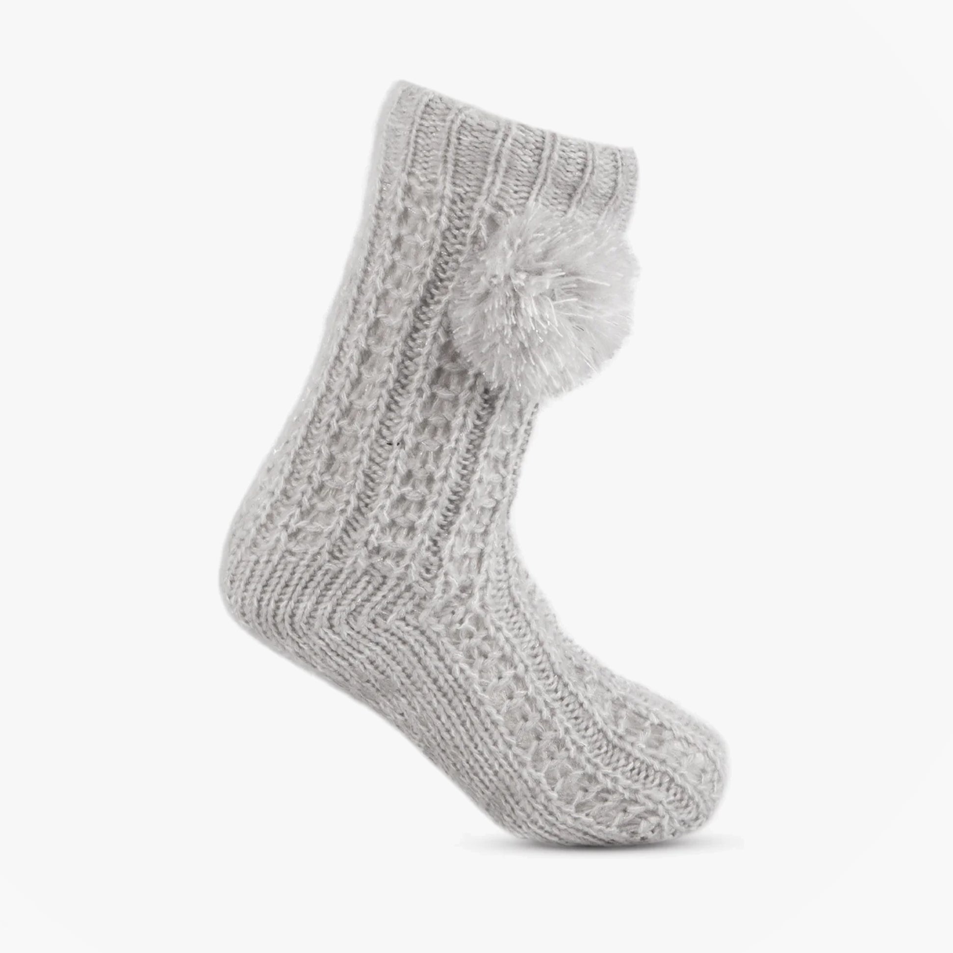 Totes Toasties LUXURY SPARKLE Pom Slipper-Sox Womens Grey side view showcasing soft knitted texture and pom detail.