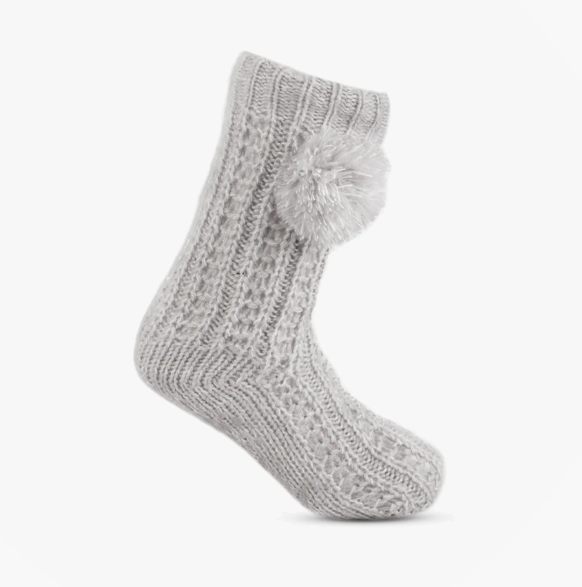 Totes Toasties LUXURY SPARKLE Pom Slipper-Sox Womens Grey side view showcasing soft knitted texture and pom detail.