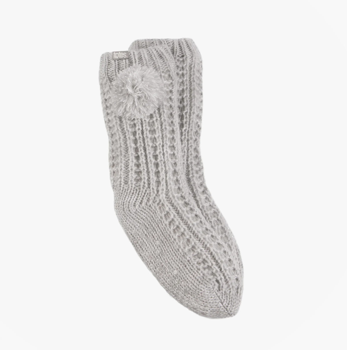 Totes Toasties LUXURY SPARKLE Pom Slipper-Sox Womens Grey side view showing texture and pom detail.