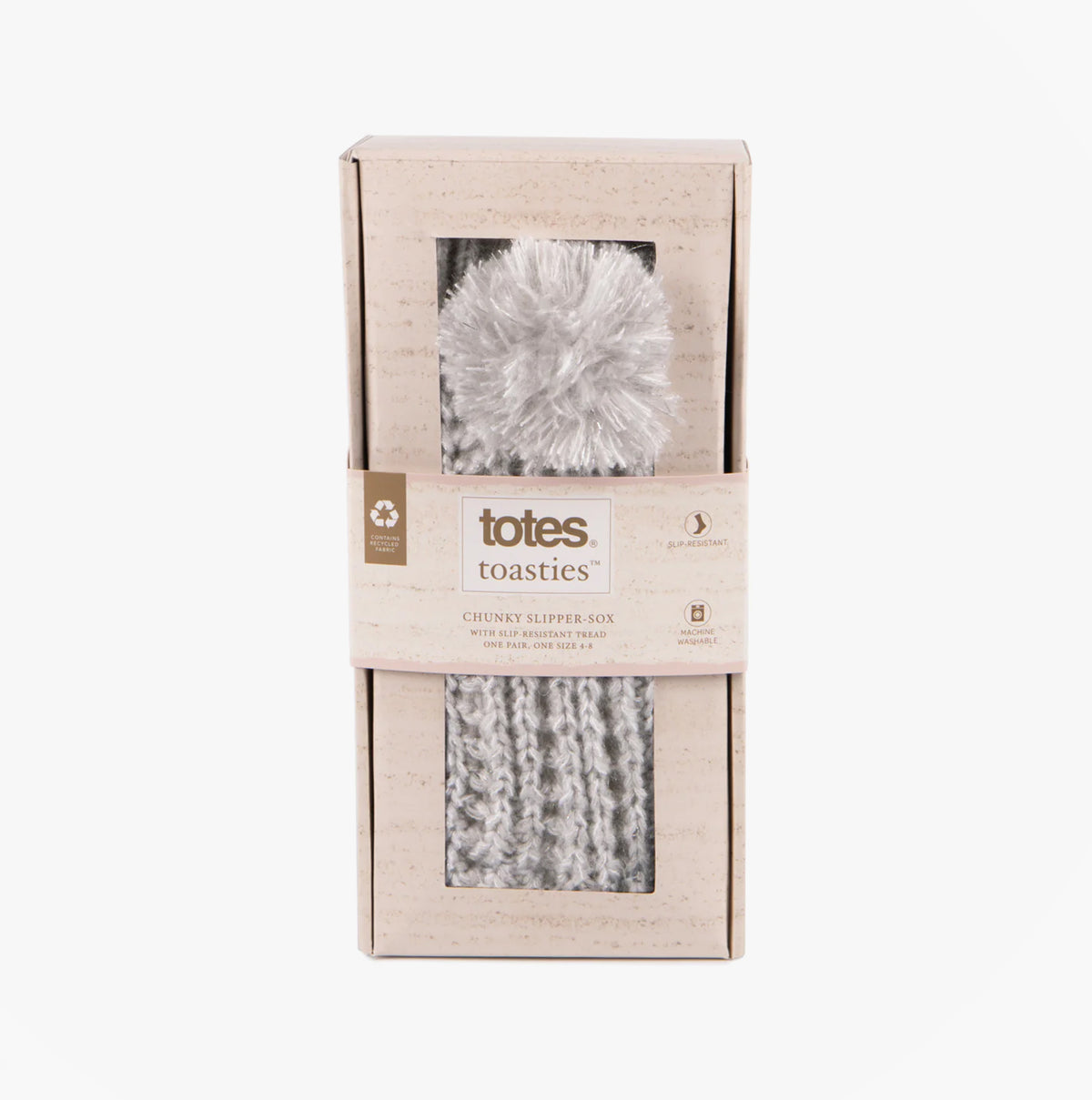 Totes Toasties LUXURY SPARKLE Pom Slipper-Sox Womens Grey packaged view with pom detail and brand logo