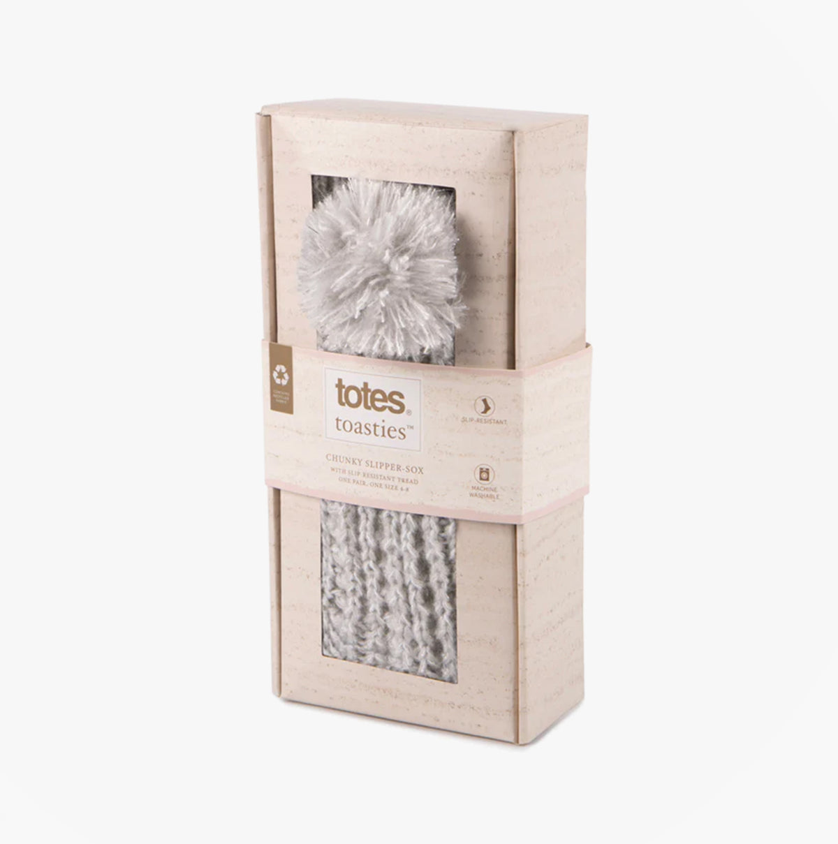 Totes Toasties LUXURY SPARKLE Pom Slipper-Sox Womens Grey in gift box, side view showing pom detail.