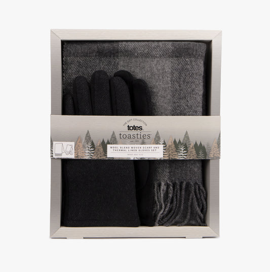 Totes Toasties WOOL BLEND Check Scarf and Thermal Lined Glove Set Mens Grey/Multi