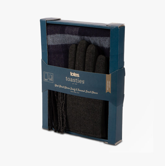 Totes Toasties WOOL BLEND Check Scarf and Thermal Lined Glove Set Mens Navy/Multi