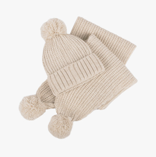 Totes Toasties KNITTED Hat And Scarf Set with Pom Pom Detail Womens Oat