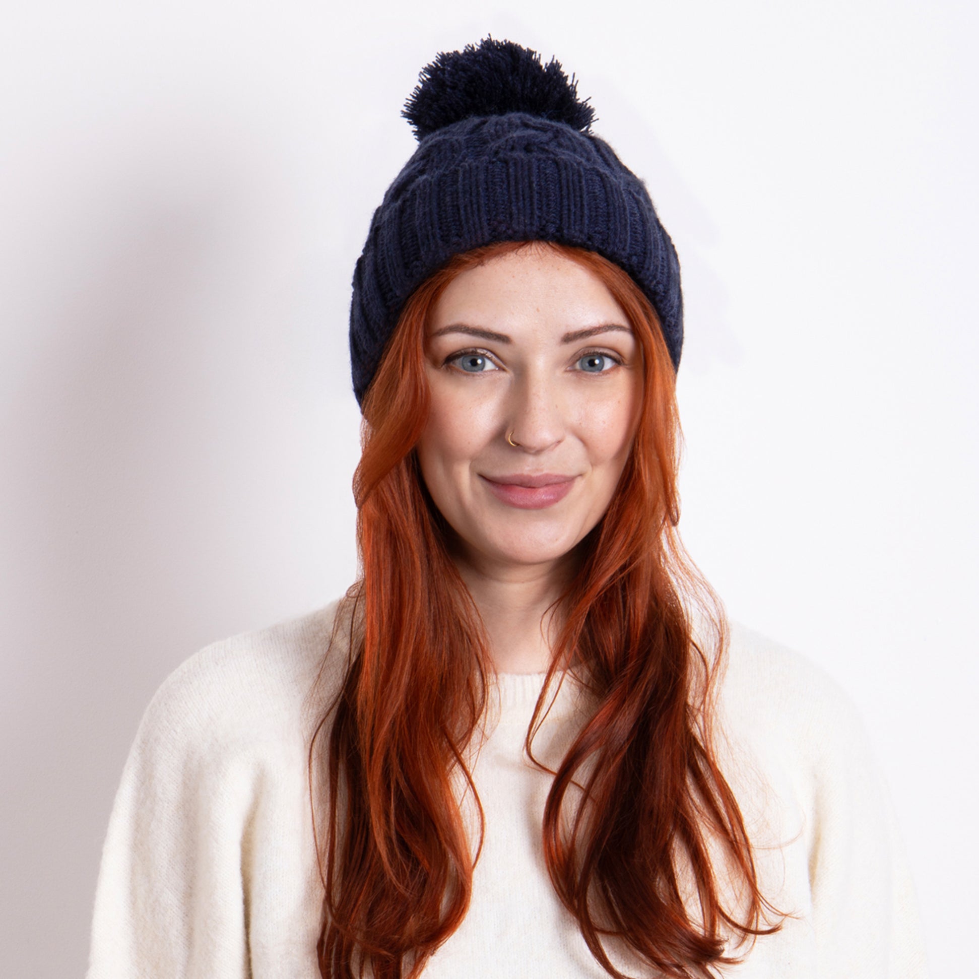 Totes Toasties CABLE KNIT Hat with Pom Pom Womens Bobble Navy