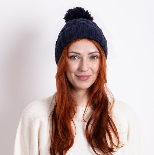 Totes Toasties CABLE KNIT Hat with Pom Pom Womens Bobble Navy
