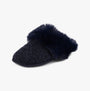 Totes Toasties TEXTURED SPARKLE FAUX FUR MULE Slippers Womens Navy side view showing soft faux fur and textured upper.