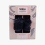 Totes Toasties TEXTURED SPARKLE FAUX FUR MULE Slippers Womens Navy in gift box, front view with stylish design.