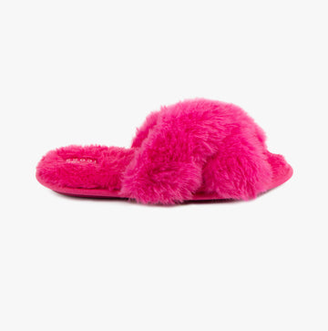 Totes Toasties PLUSH FAUX FUR CROSS OVER Sliders Womens Bright Pink