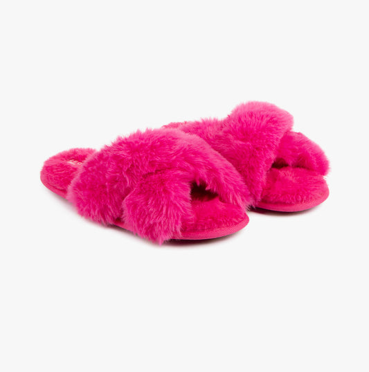 Totes Toasties PLUSH FAUX FUR CROSS OVER Sliders Womens Bright Pink