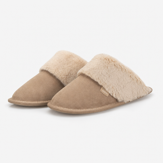 Totes Isotoner SUEDE MULE SLIPPER WITH FUR CUFF Womens Mules Sand