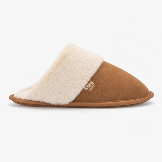 Totes Isotoner SUEDE MULE SLIPPER WITH FUR CUFF Womens Mules Tan
