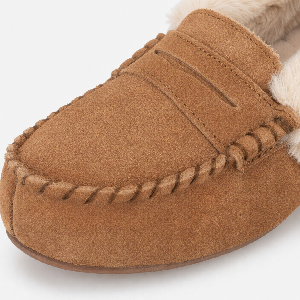 Totes Isotoner FUR LINED SUEDE MOCCASIN SLIPPER WITH KEEPER TAB Womens Moccasins Tan