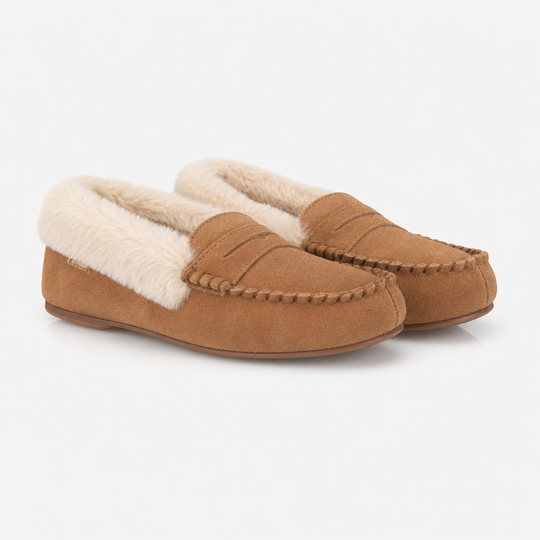 Totes Isotoner SUEDE Womens Fur Lined Moccasin Slippers Tan