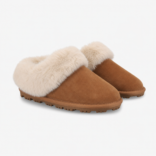 Totes Isotoner SUEDE Womens Fur Cuff Bootie Slippers Tan