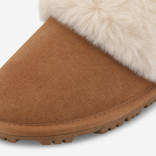 Totes Isotoner SUEDE Womens Fur Cuff Bootie Slippers Tan