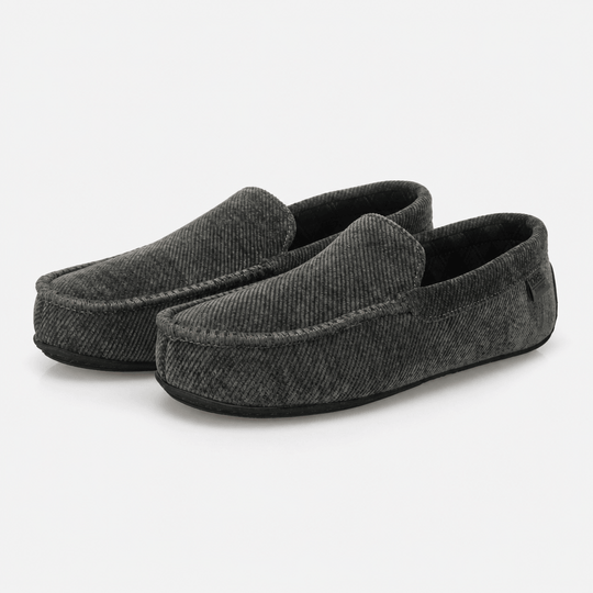 Totes Isotoner SOFT CORD Mens Check Lined Moccasin Slippers Grey