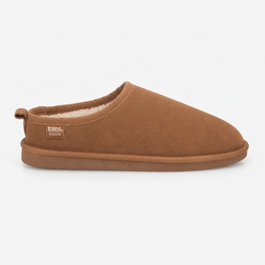 Totes Isotoner SUEDE Mens Borg Lined Mule Slippers Tan