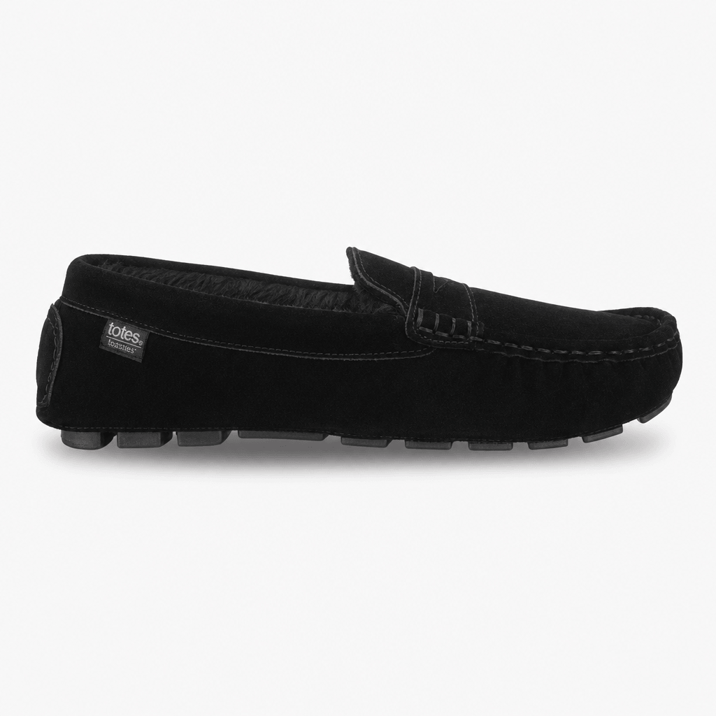 Totes Isotoner FUR LINED SUEDE MOCCASIN SLIPPER Mens Full Slippers Black