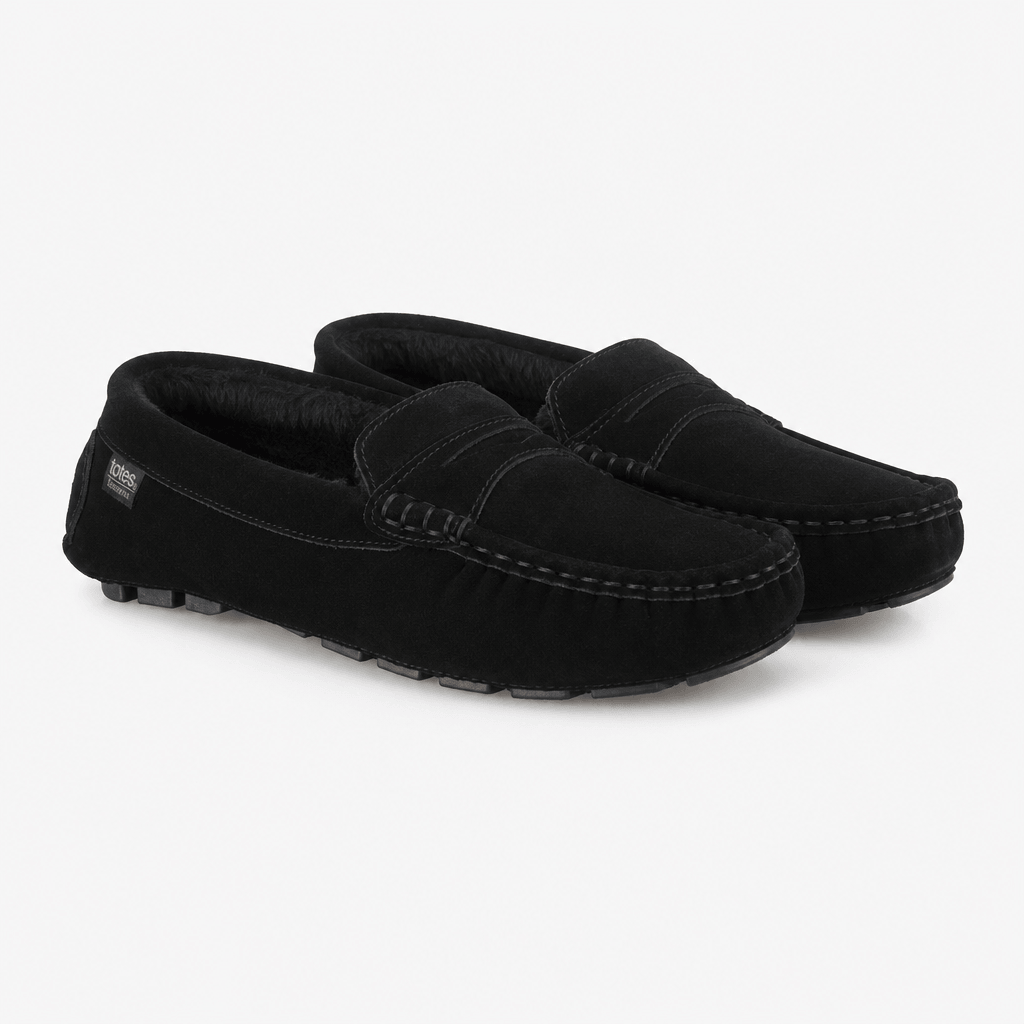 Totes Isotoner FUR LINED SUEDE MOCCASIN SLIPPER Mens Full Slippers Black