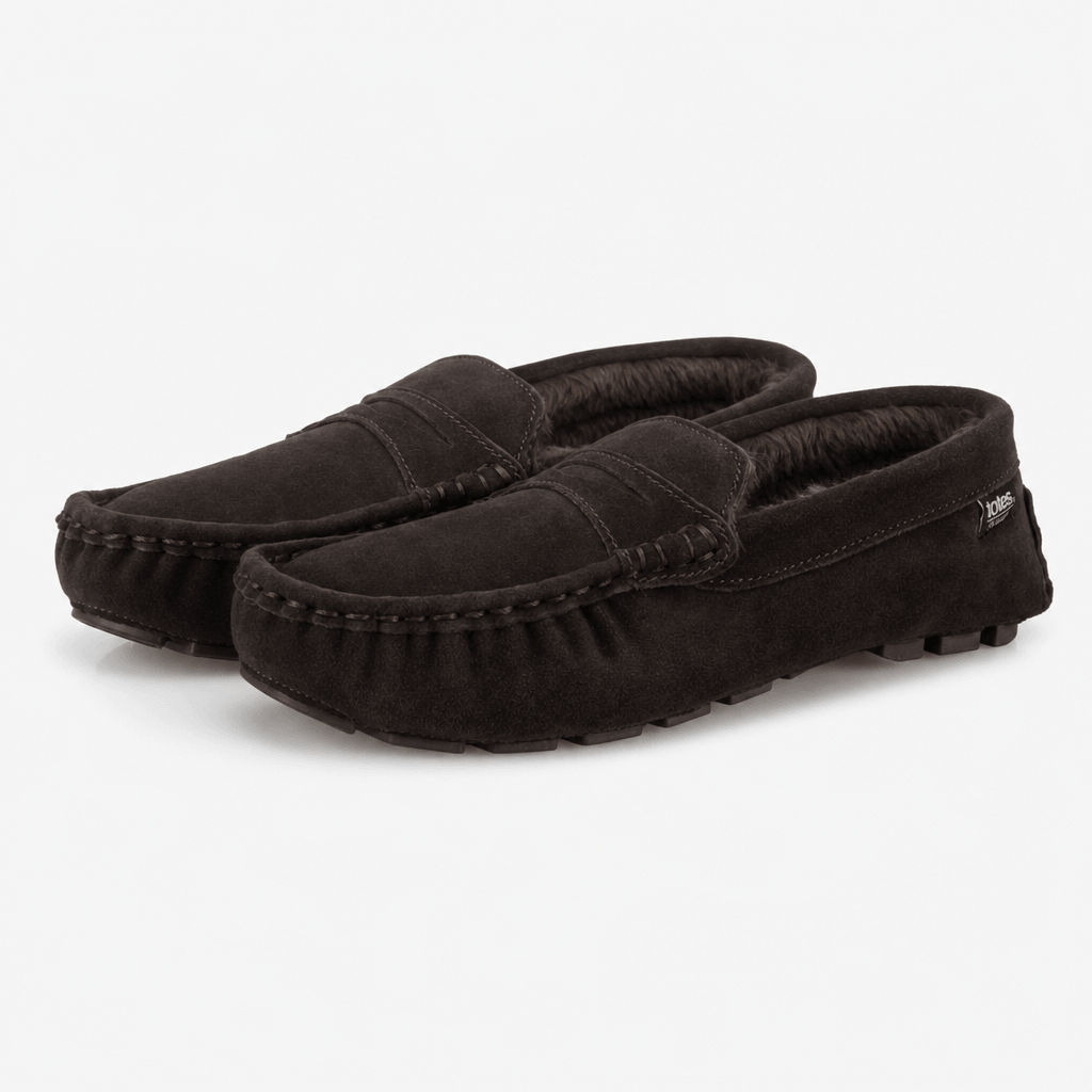 Totes Isotoner FUR LINED SUEDE MOCCASIN SLIPPER Mens Moccasins Brown