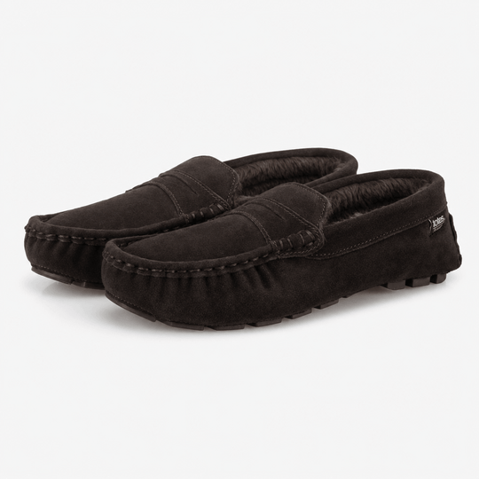 Totes Isotoner SUEDE Mens Faux Fur Lined Moccasin Slippers Brown