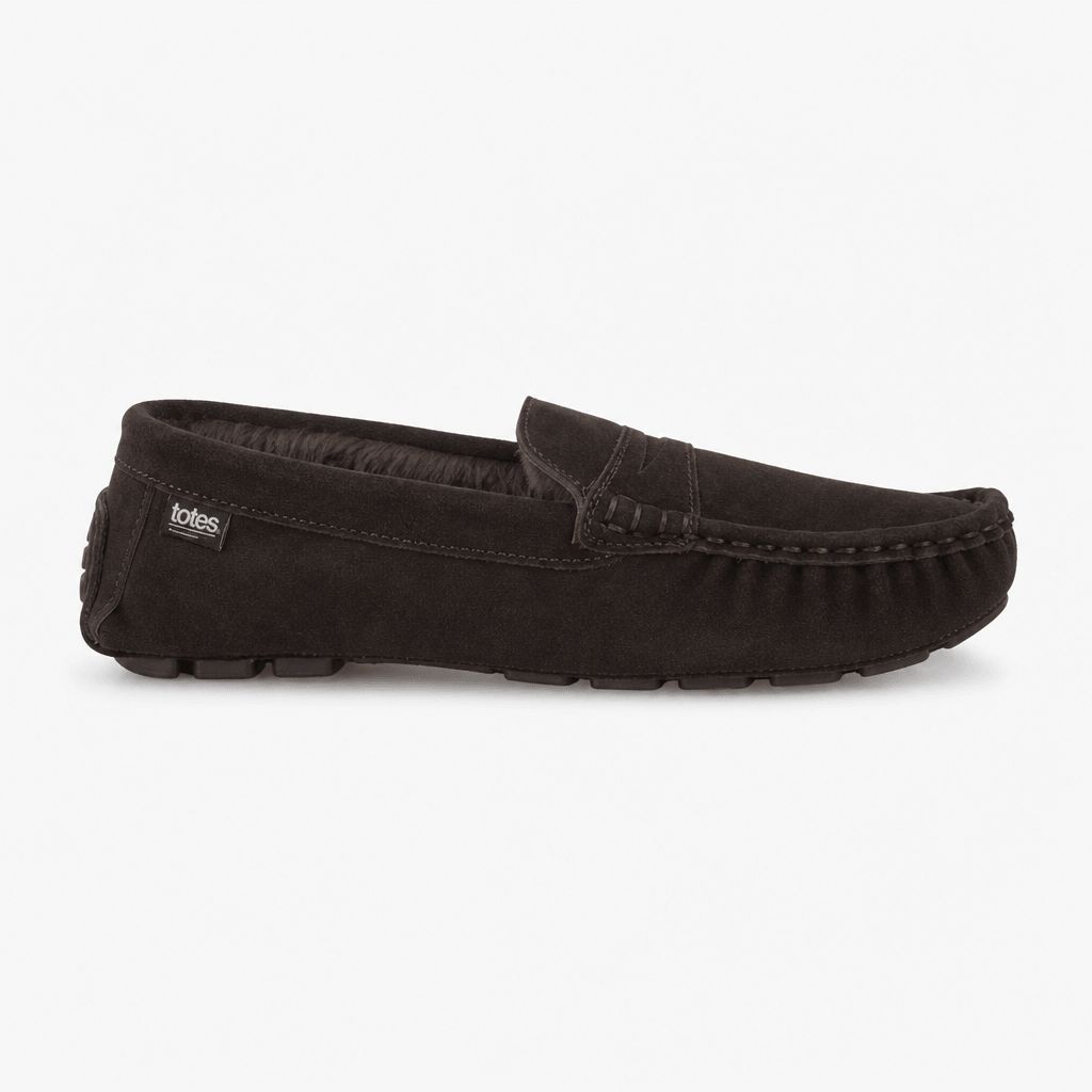Totes Isotoner FUR LINED SUEDE MOCCASIN SLIPPER Mens Moccasins Brown