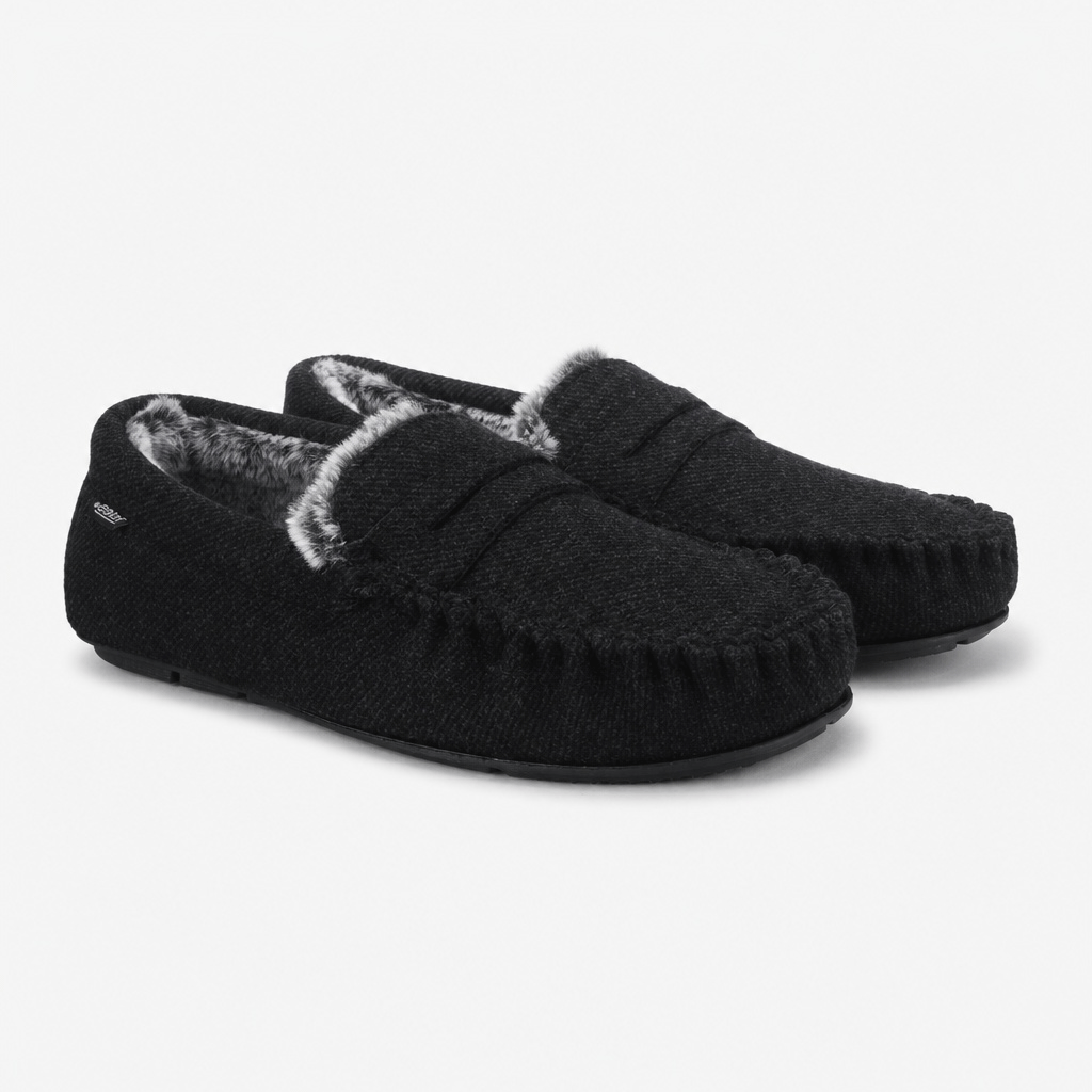 Totes Toasties SOFT HERRINGBONE MOCCASIN SLIPPER Mens Moccasins Charcoal