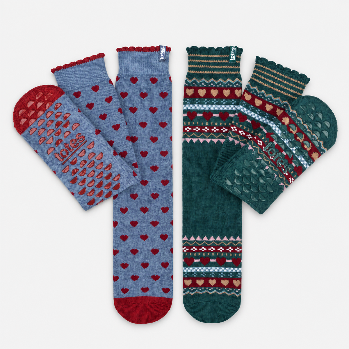 Totes Toasties ORIGINAL SLIPPER SOCKS (TWIN PACK) Womens Slipper Socks Heart Fairisle
