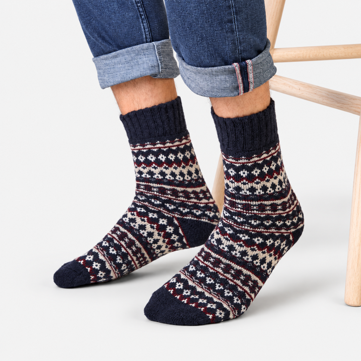 Totes Toasties WOOL BLEND THERMAL FAIR ISLE SOCKS (TWIN PACK) Mens Thermal Socks Navy Fair Isle