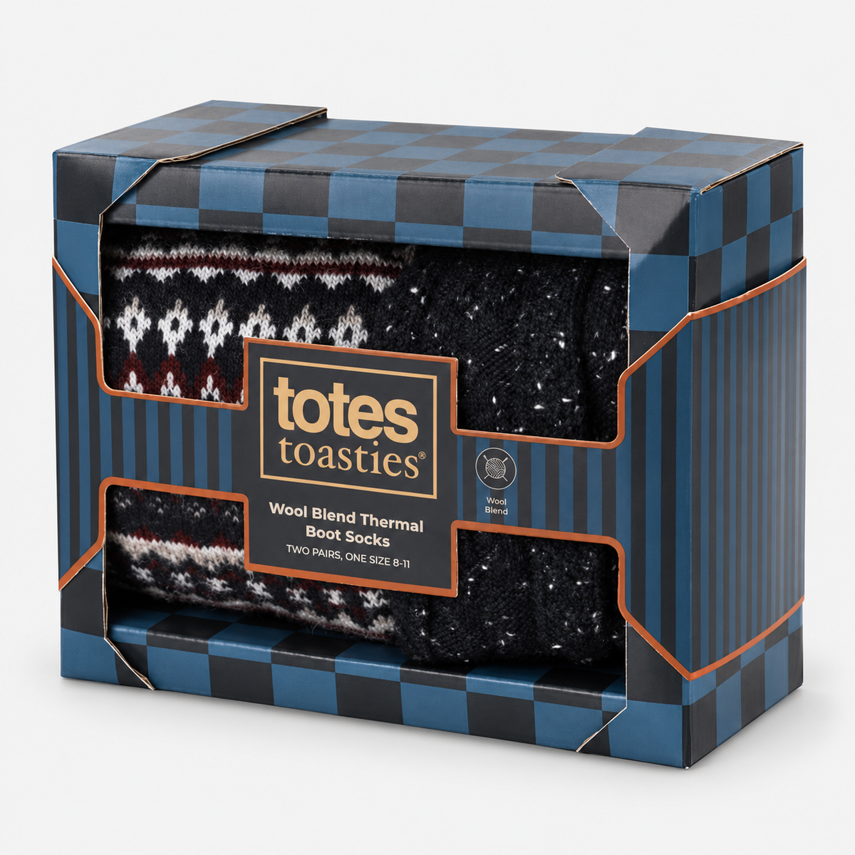 Totes Toasties WOOL BLEND THERMAL FAIR ISLE SOCKS (TWIN PACK) Mens Thermal Socks Navy Fair Isle