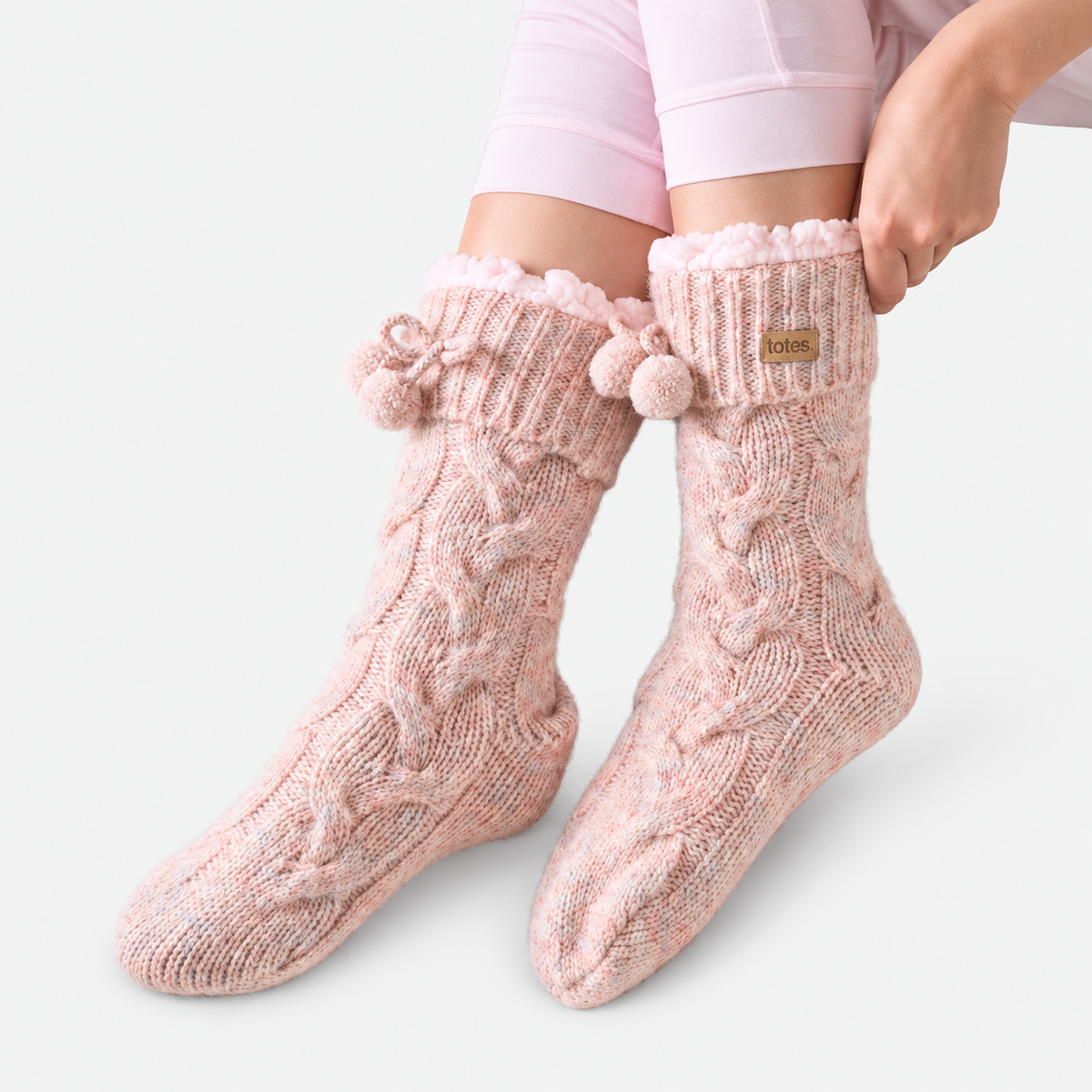 Totes Toasties PREMIUM CHUNKY KNIT SLIPPER SOCKS Womens Crew Socks Pink