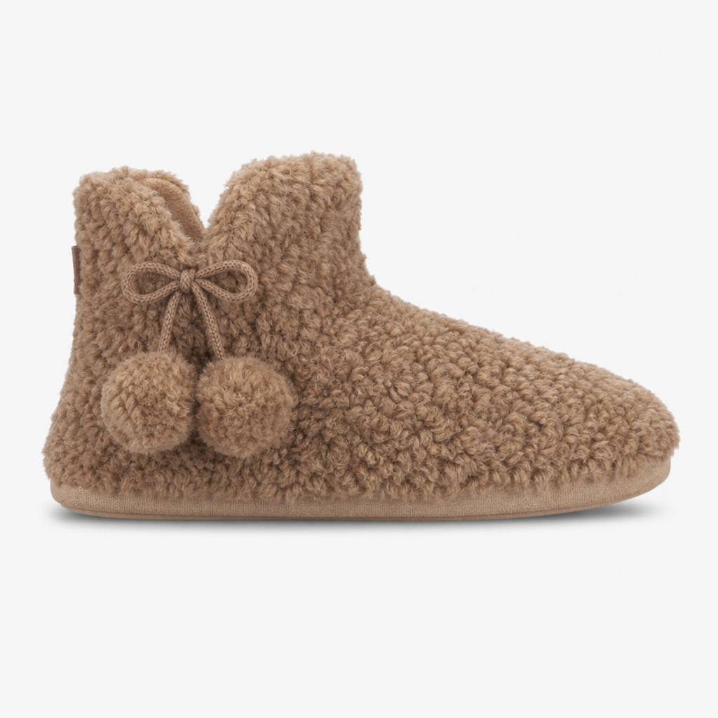 Totes Toasties TEXTURED FUR BOOTIE WITH POM POM Womens Slipper Boots Brown