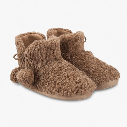 Totes Toasties TEXTURED FUR Womens Pom Pom Bootie Slippers Brown