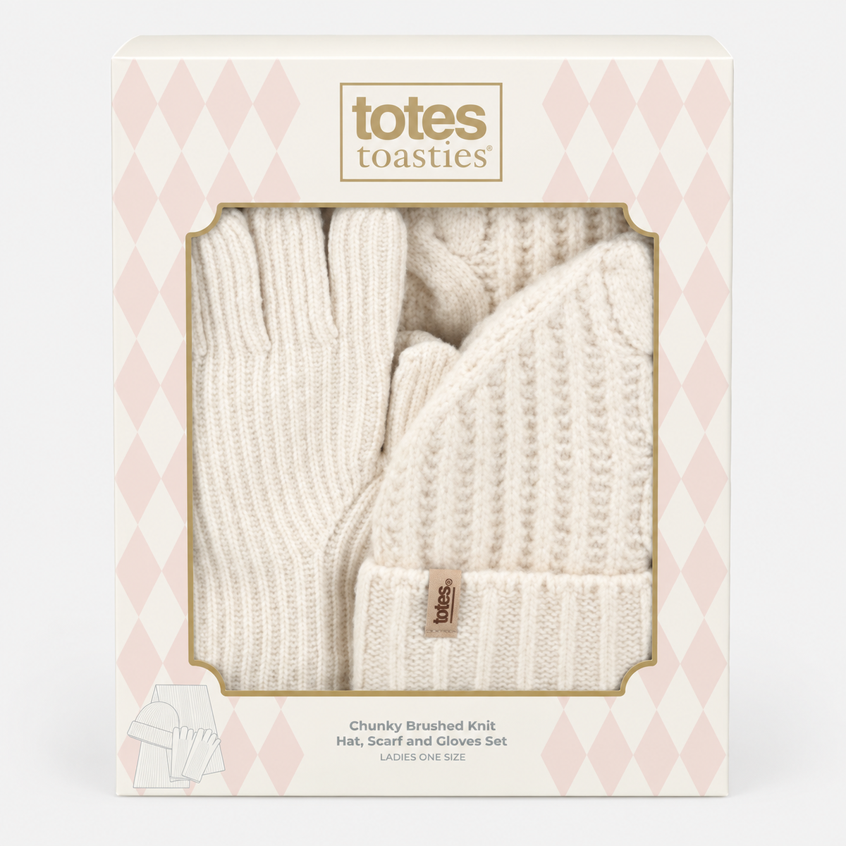 Totes Toasties CHUNKY BRUSHED RIB KNIT HAT SCARF & GLOVE SET Womens Beanie Cream