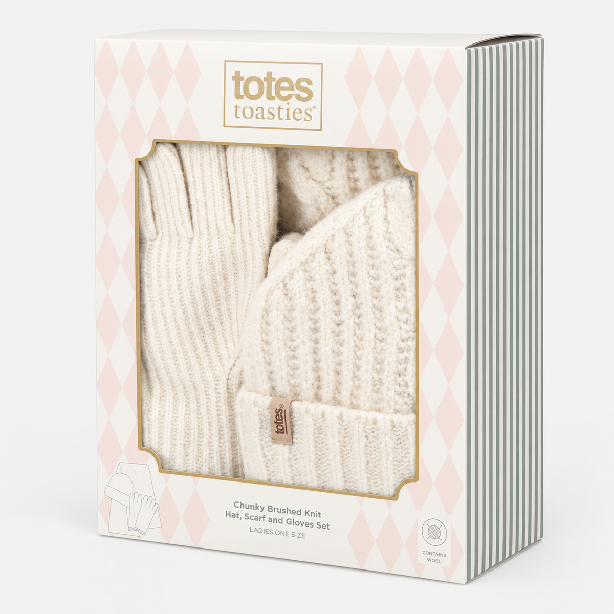 Totes Toasties CHUNKY BRUSHED RIB KNIT HAT SCARF & GLOVE SET Womens Beanie Cream