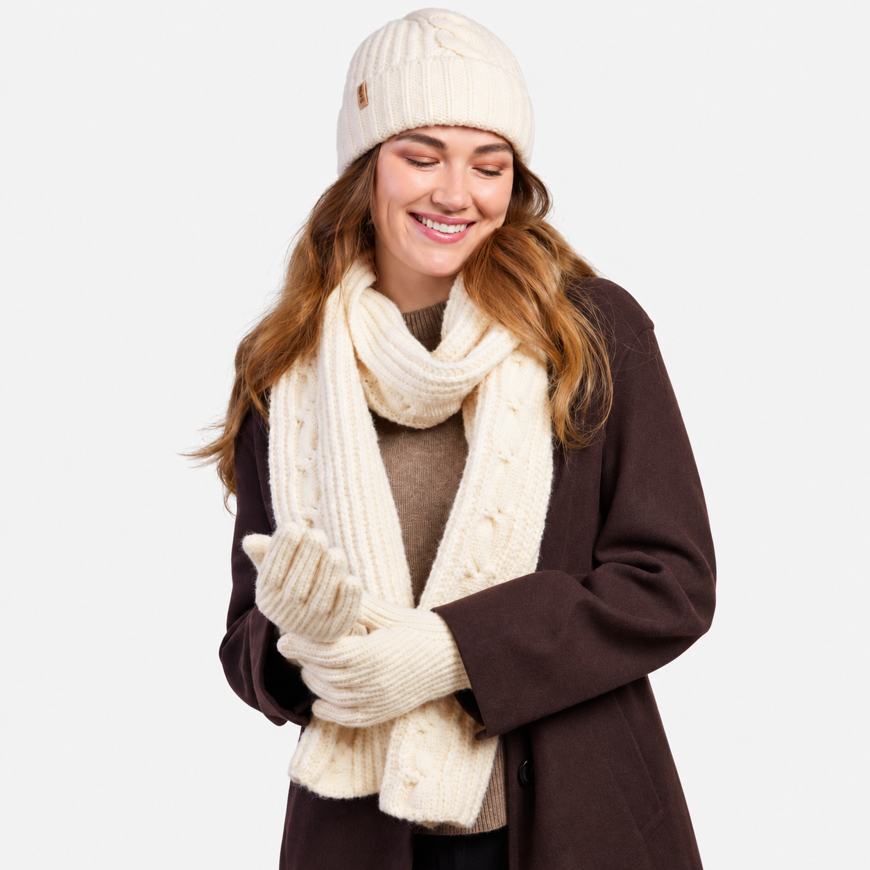 Totes Toasties CHUNKY BRUSHED RIB KNIT HAT SCARF & GLOVE SET Womens Beanie Cream