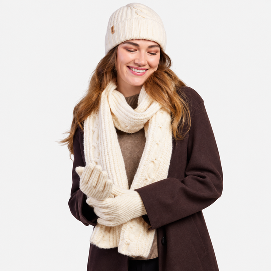 Totes Toasties CHUNKY BRUSHED RIB KNIT HAT SCARF & GLOVE SET Womens Beanie Cream