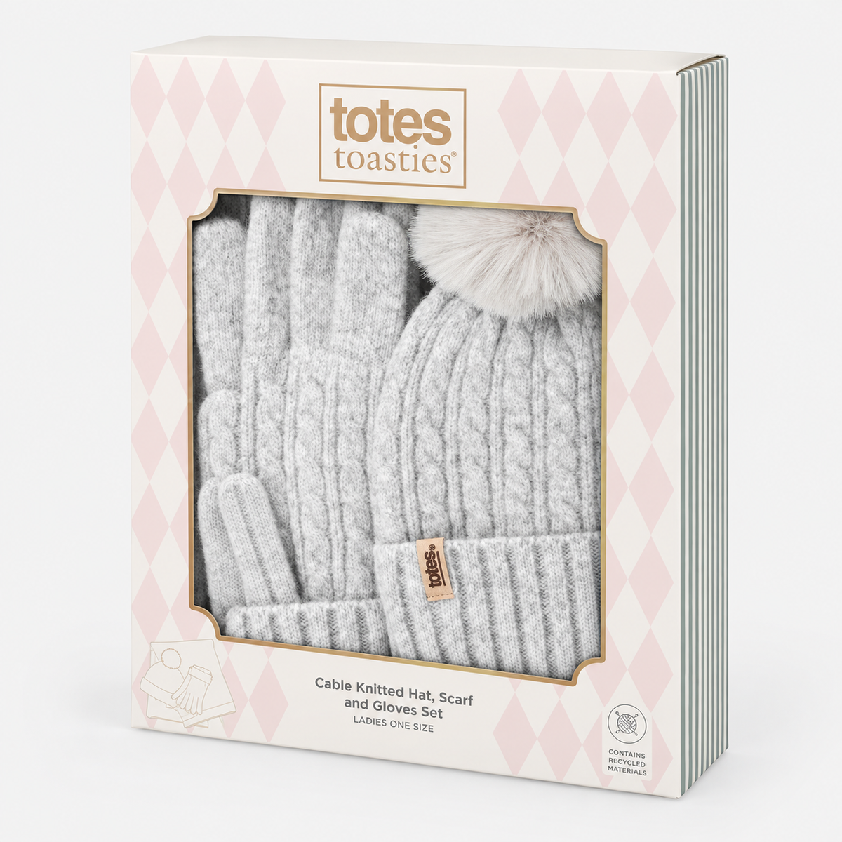 Totes Toasties KNITTED HAT SCARF & GLOVE GIFT SET Womens Beanie Grey