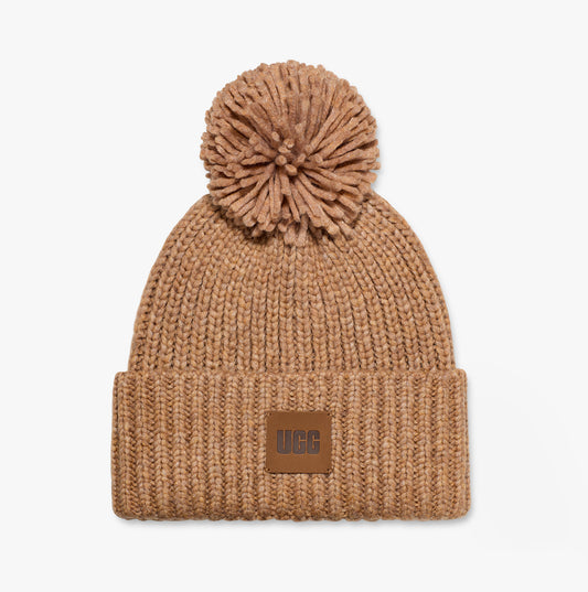 UGG CHUNKY Womens RIB KNIT BEANIE POM Camel