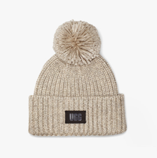 UGG CHUNKY RIB KNIT BEANIE POM Womens Beanie Light Grey
