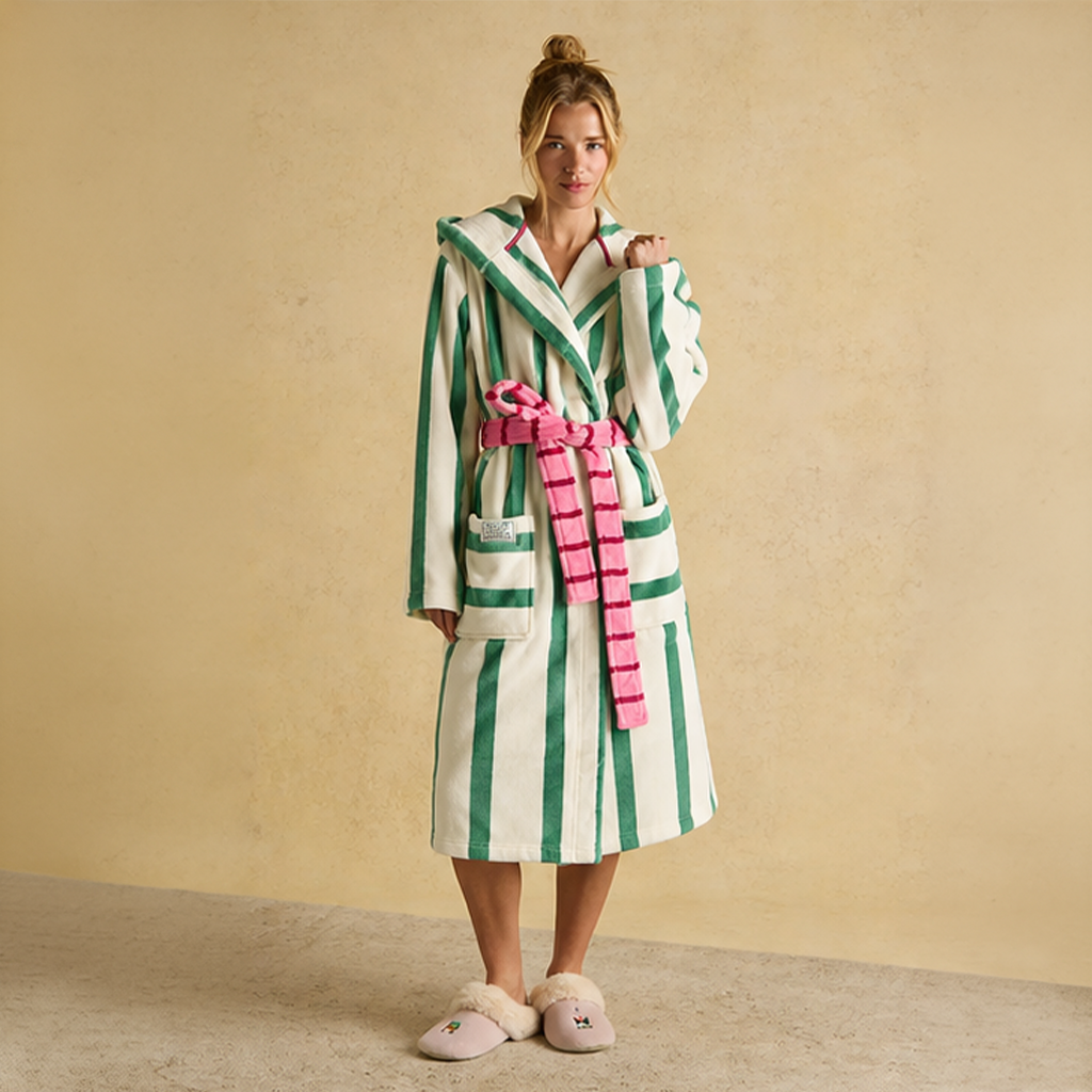 Joules G85730 LUNA Ladies Robe Green/White Stripe Womens Bathrobe Green/White Stripe
